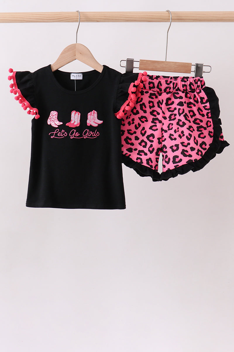 Black let's go girl boots leopard ruffle shorts set - Aaria Tees