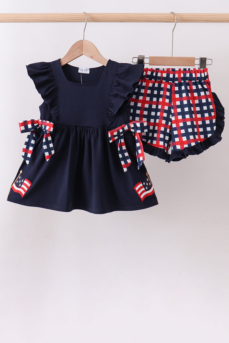 Navy flag applique gingham ruffle shorts set - Aaria Tees Aaria Tees