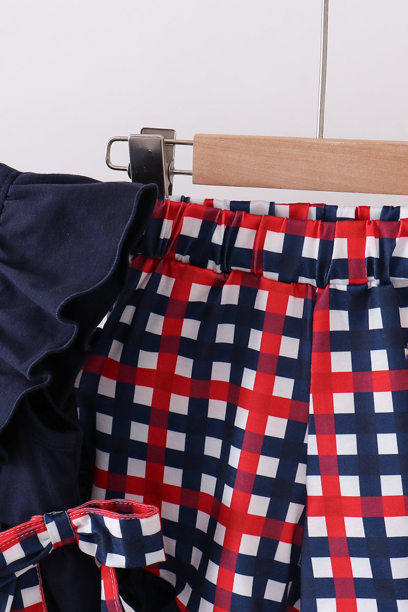 Navy flag applique gingham ruffle shorts set - Aaria Tees Aaria Tees