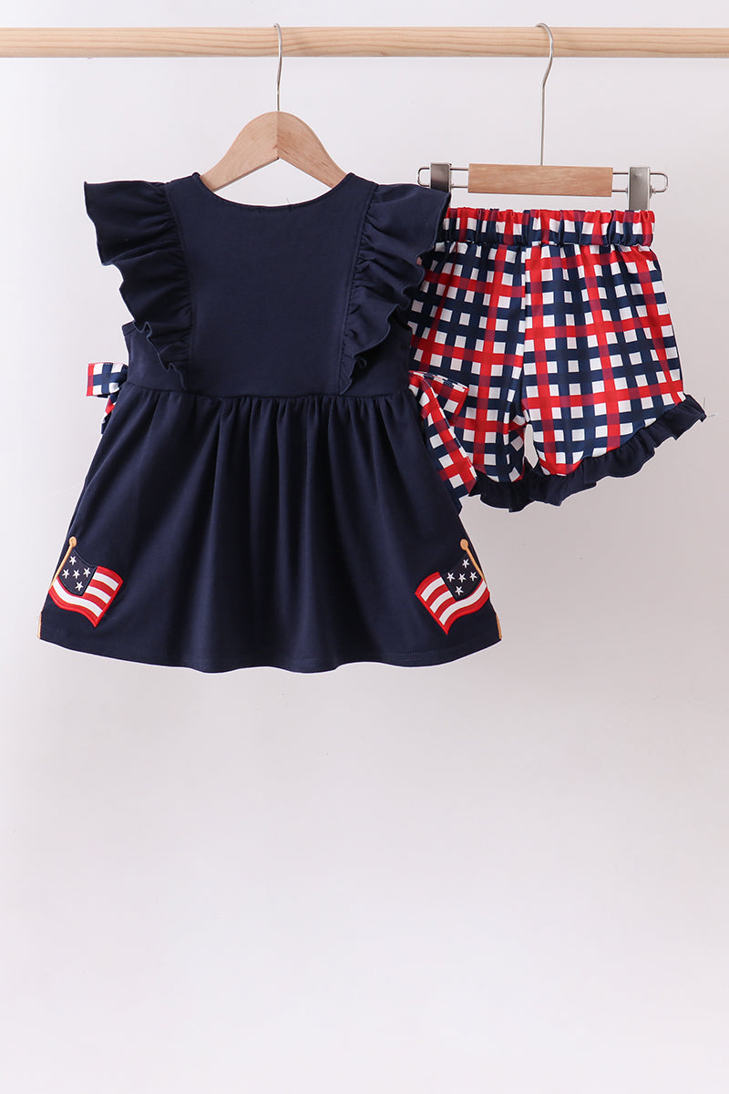 Navy flag applique gingham ruffle shorts set - Aaria Tees Aaria Tees