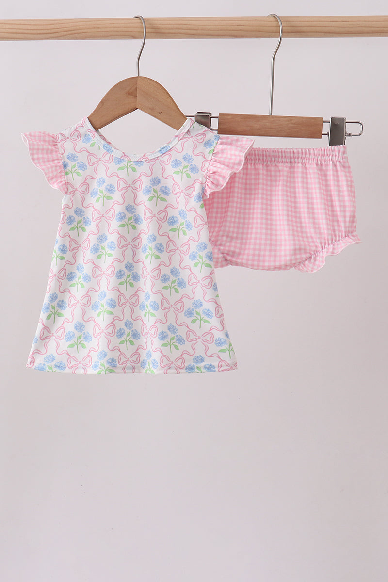 Pink hydrangea bow print ruffle bloomer set - Aaria Tees