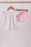Pink hydrangea bow print ruffle bloomer set - Aaria Tees Aaria Tees