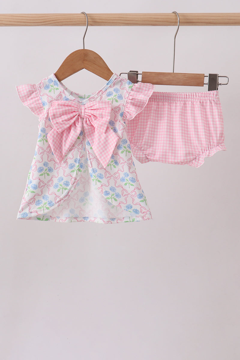 Pink hydrangea bow print ruffle bloomer set - Aaria Tees Aaria Tees