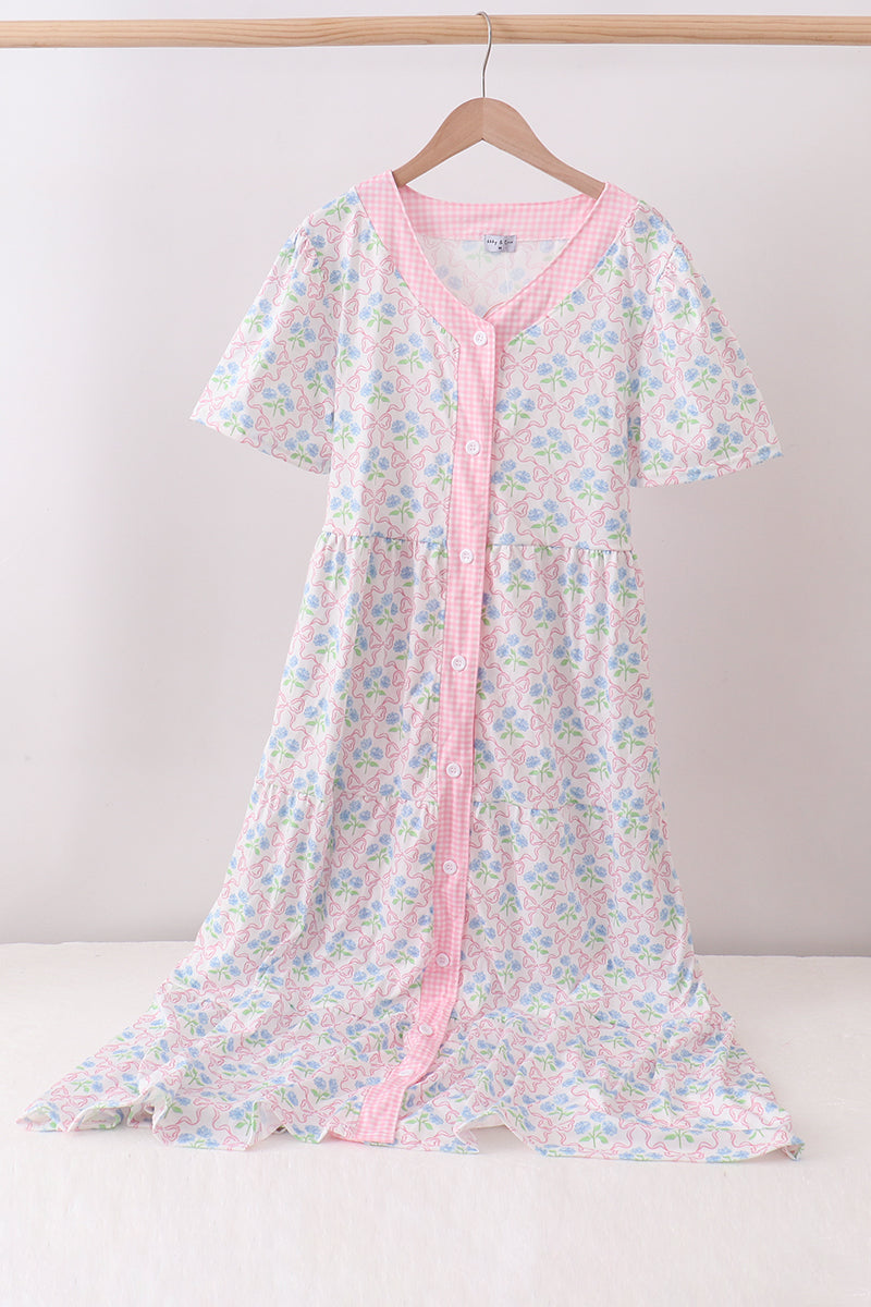 Pink hydrangea bow print tiered dress - Aaria Tees