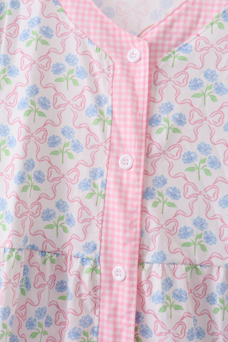 Pink hydrangea bow print tiered dress - Aaria Tees Aaria Tees