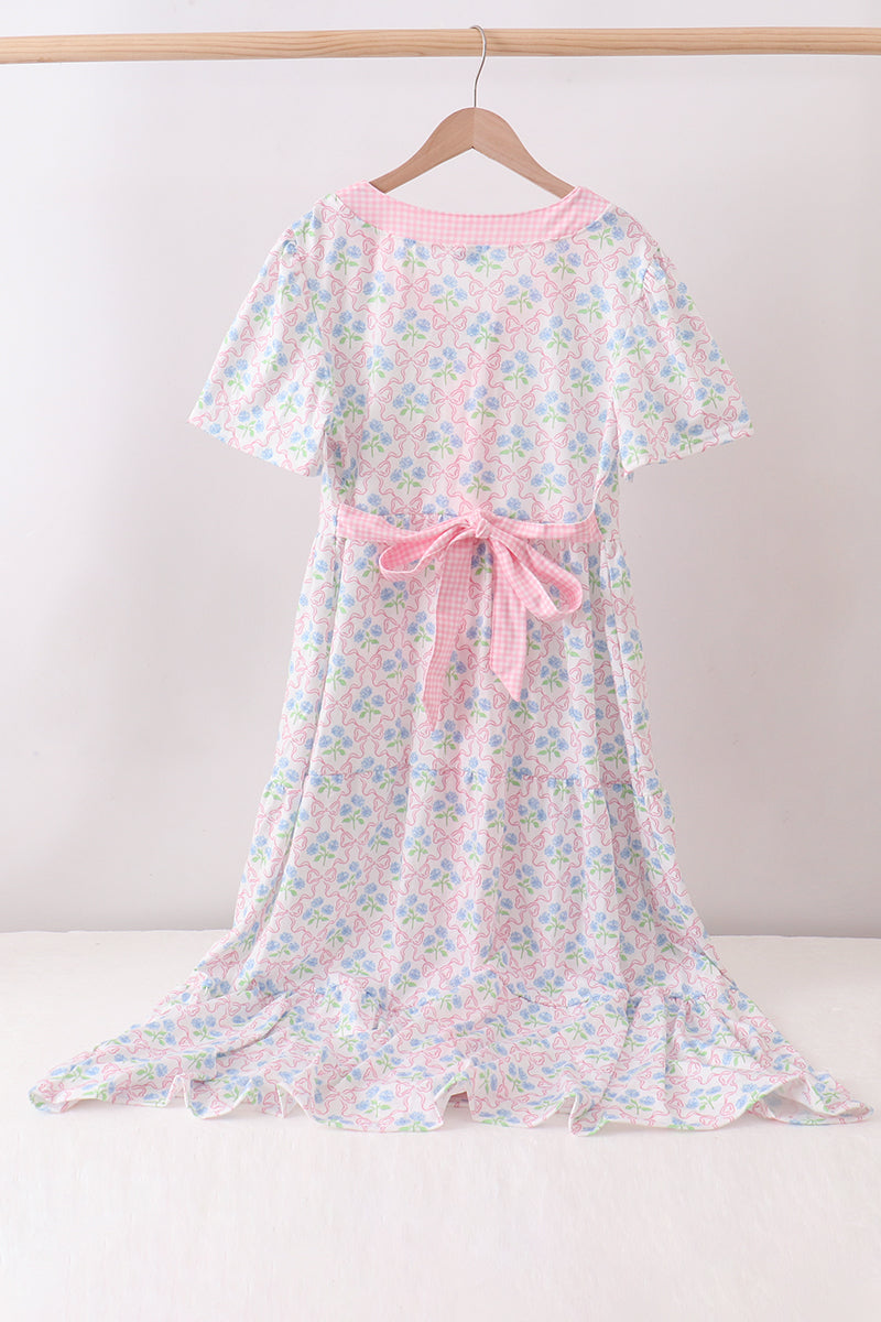Pink hydrangea bow print tiered dress - Aaria Tees Aaria Tees