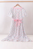 Pink hydrangea bow print tiered dress - Aaria Tees Aaria Tees