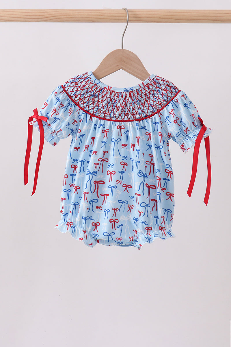 Blue bow smocked bubble - Aaria Tees Aaria Tees