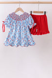 Blue bow smocked ruffle shorts set - Aaria Tees Aaria Tees