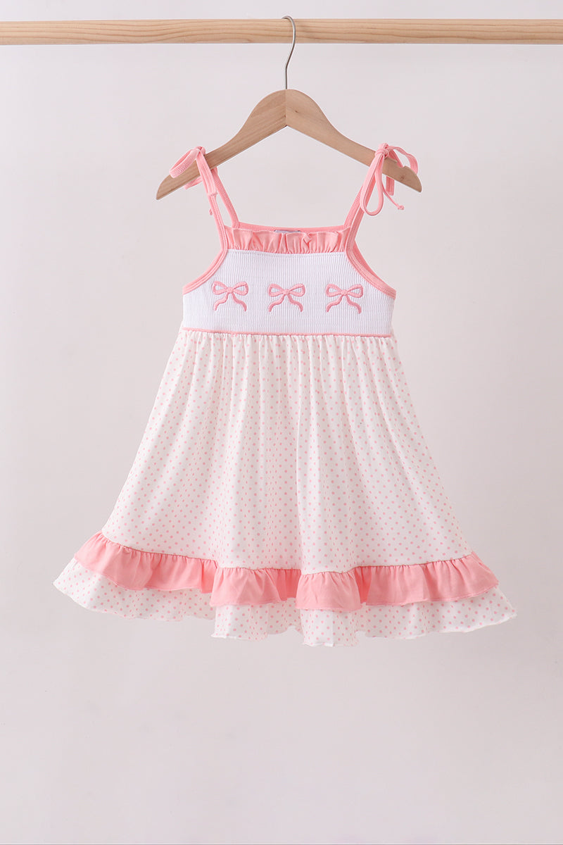 Pink bow smocked dot ruffle dress - Aaria Tees