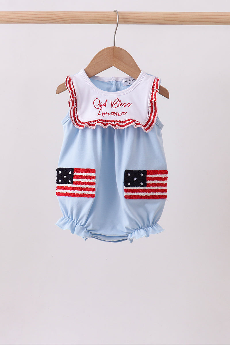 Blue god bless America flag french knot ruffle bubble - Aaria Tees