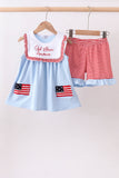 Blue god bless America flag french knot ruffle shorts set - Aaria Tees Aaria Tees