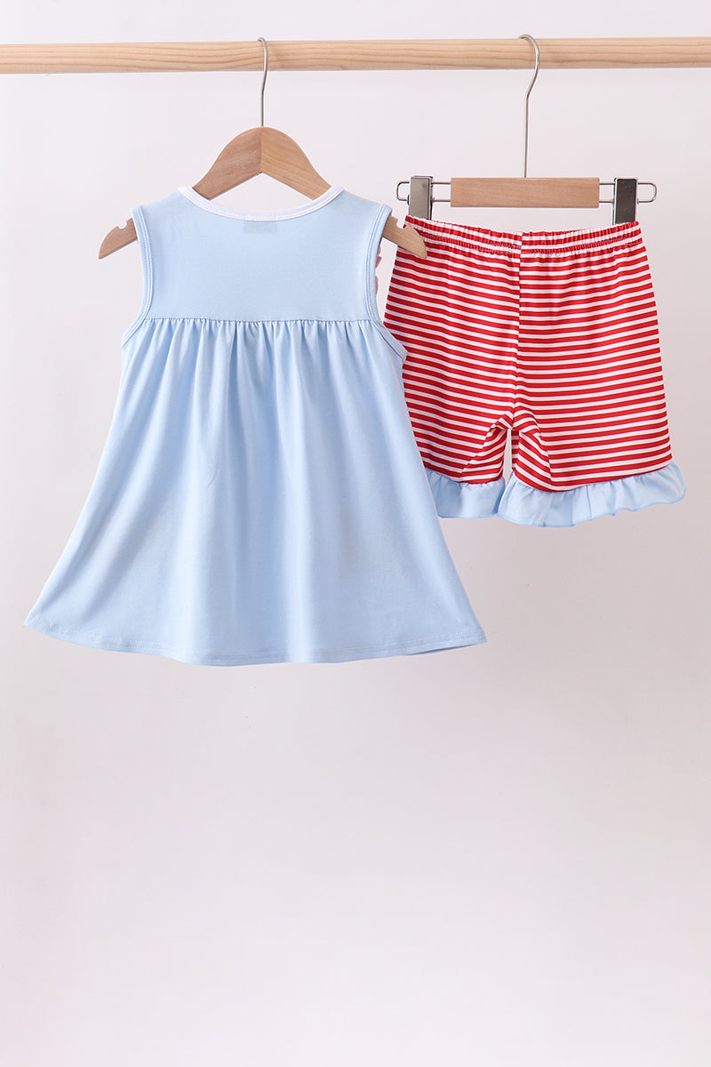 Blue god bless America flag french knot ruffle shorts set - Aaria Tees Aaria Tees