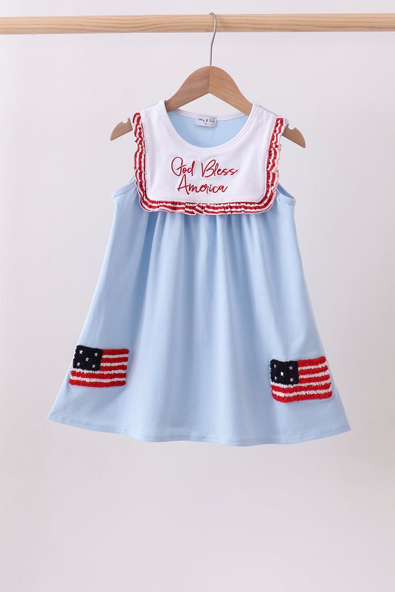 Blue god bless America flag french knot ruffle dress - Aaria Tees