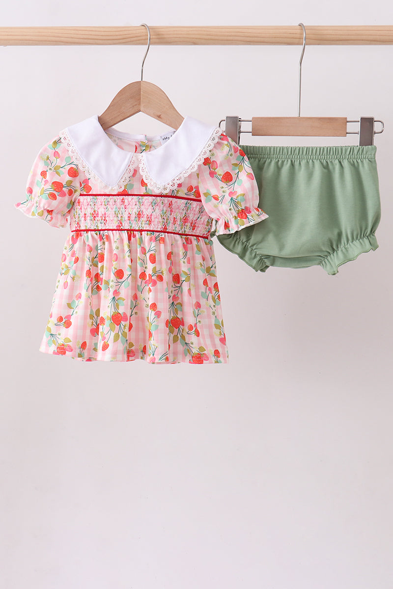 Pink strawberry smocked bloomer set - Aaria Tees
