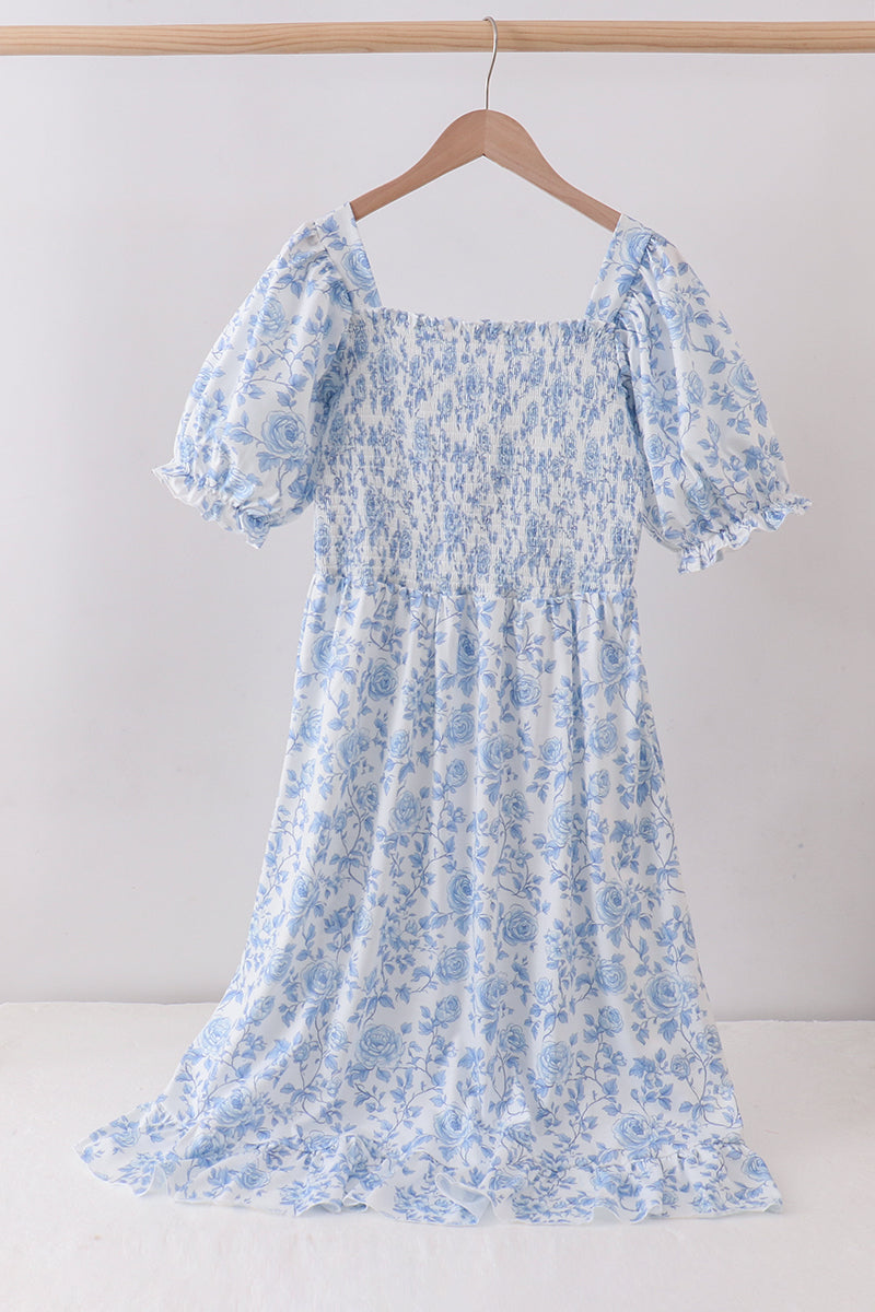 Blue rose smocked ruffle dress (length 41.33in) - Aaria Tees Aaria Tees