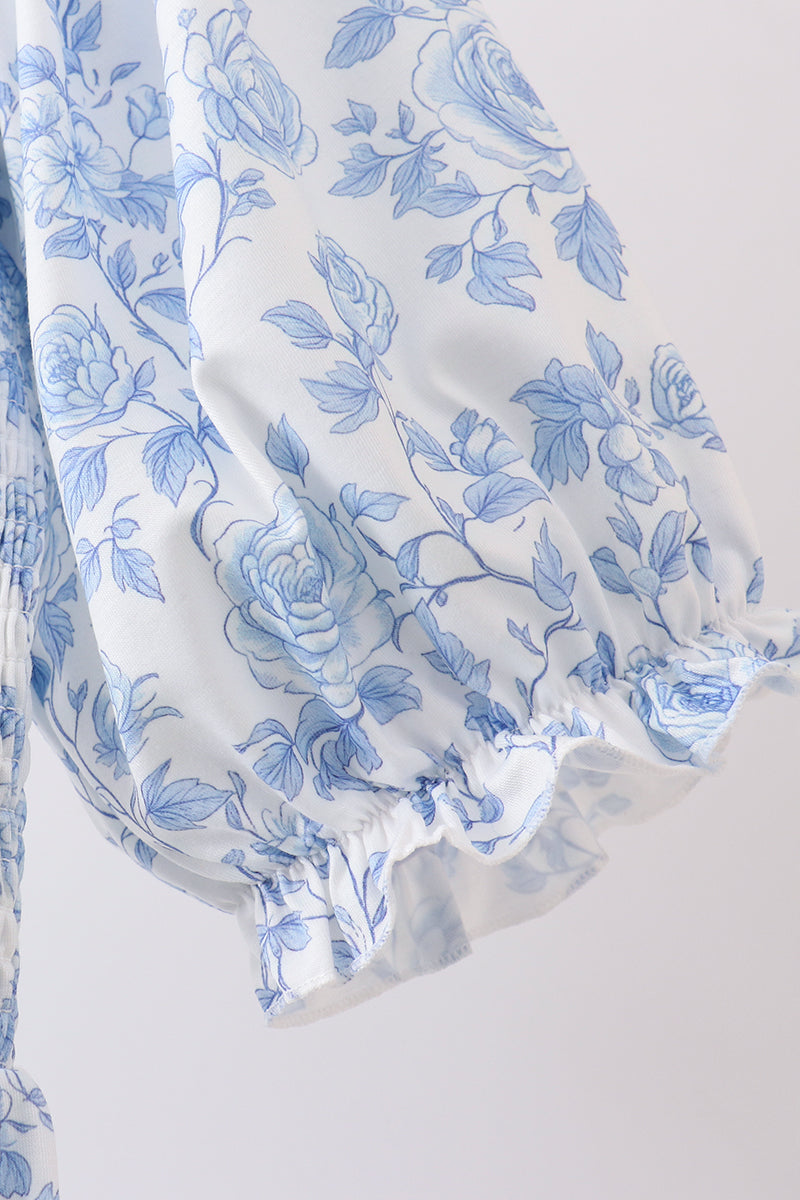 Blue rose smocked ruffle dress (length 41.33in) - Aaria Tees Aaria Tees