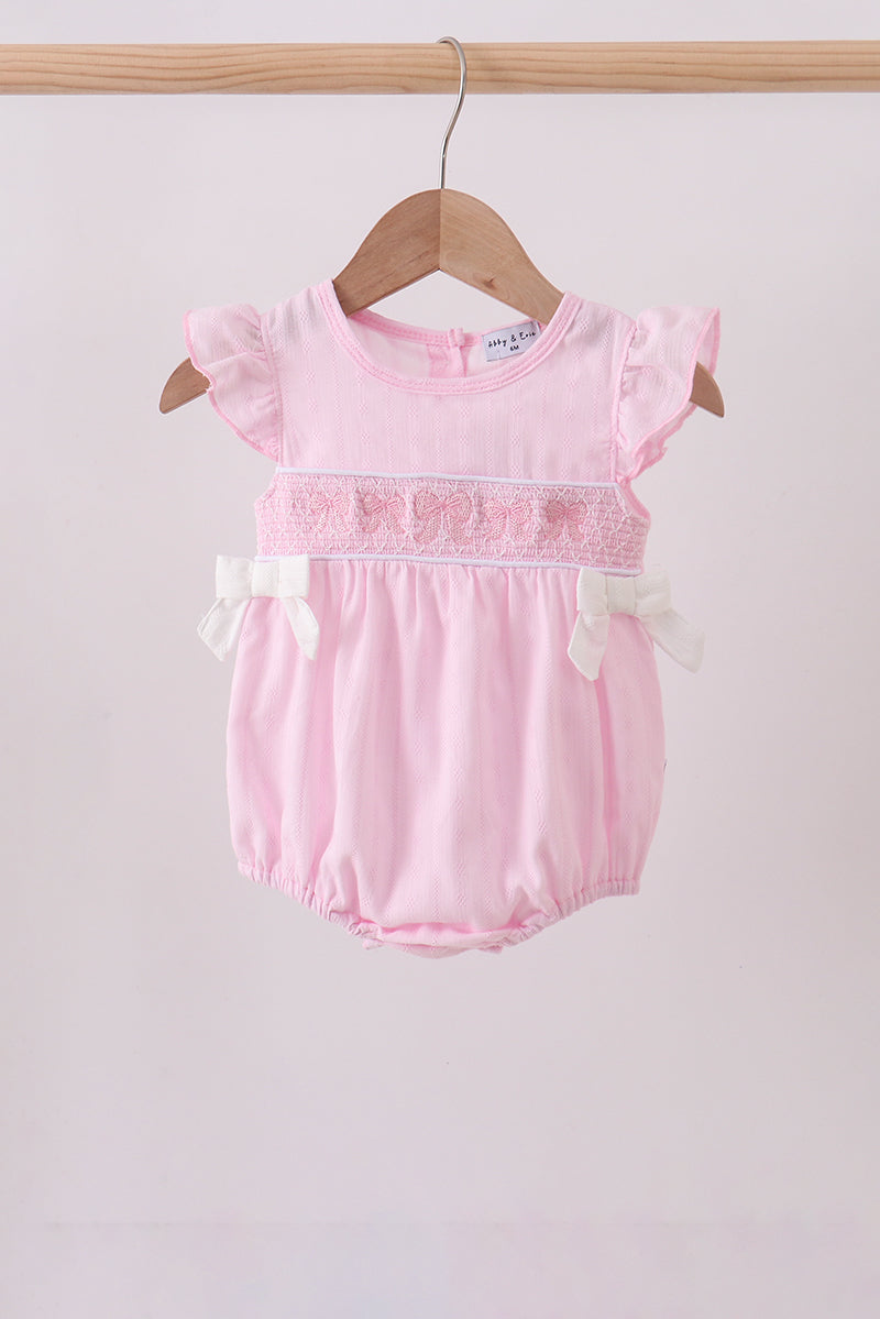 Pink bow smocked ruffle bubble - Aaria Tees