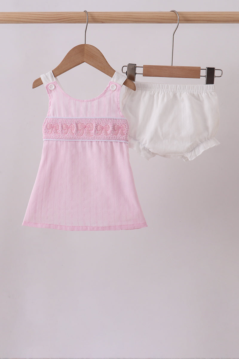 Pink bow smocked bloomer set - Aaria Tees