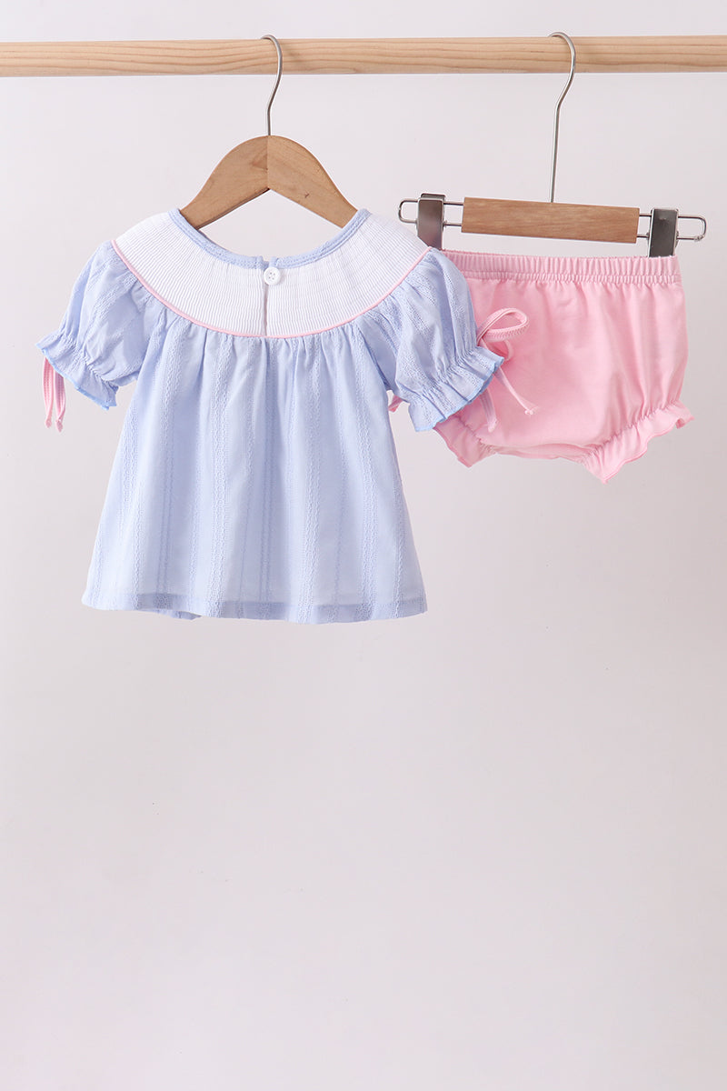 Blue bow smocked bloomer set - Aaria Tees Aaria Tees