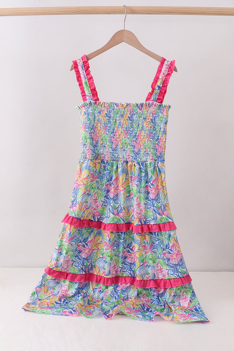 Tropical floral smocked tiered dress - Aaria Tees