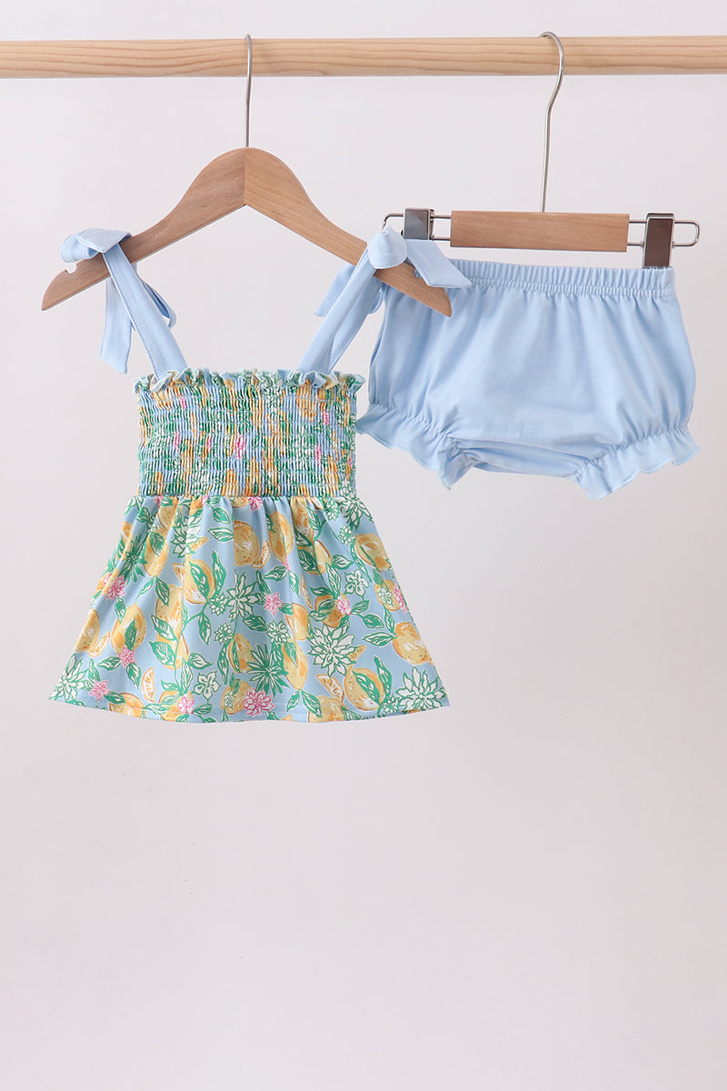 Green lemon smocked bow bloomer set - Aaria Tees Aaria Tees