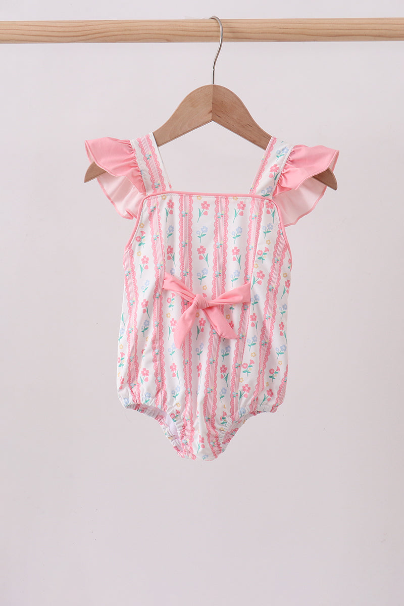 Blush floral print ruffle bow swimsuit - Aaria Tees Aaria Tees