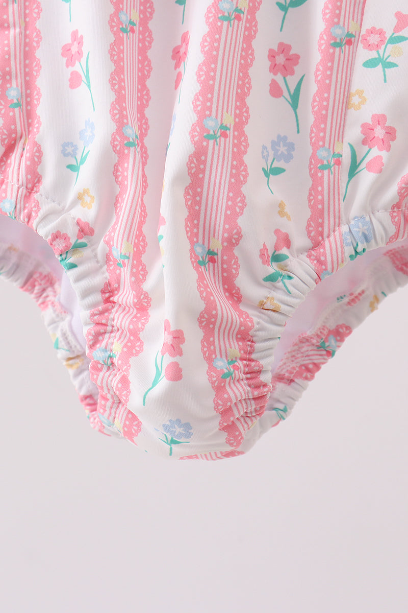 Blush floral print ruffle bow swimsuit - Aaria Tees Aaria Tees