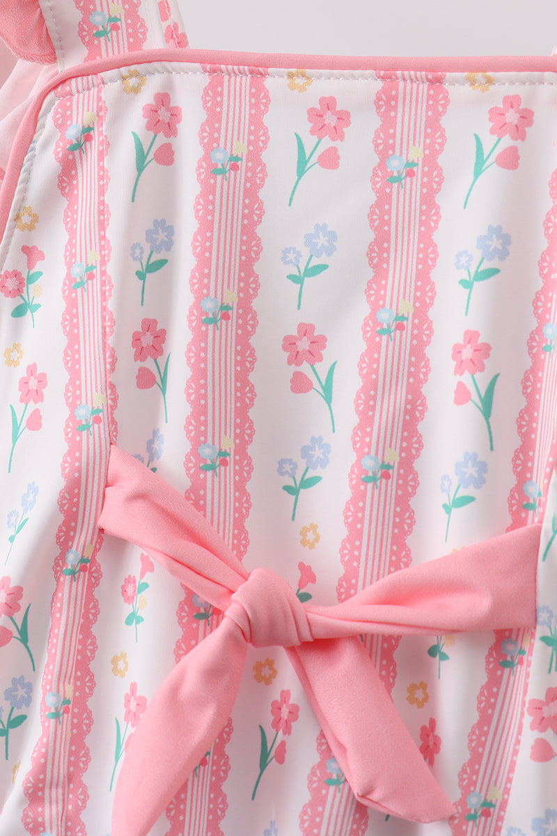 Blush floral print ruffle bow swimsuit - Aaria Tees Aaria Tees