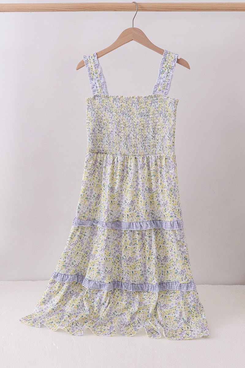 Golden meadow floral smocked tiered dress (length 41.33inch) - Aaria Tees