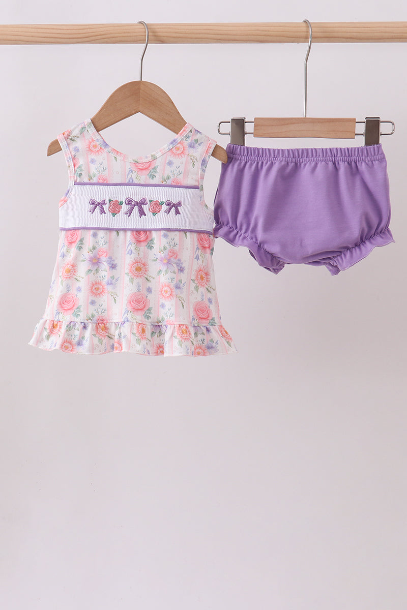 Purple rose bow smocked ruffle bloomer set - Aaria Tees