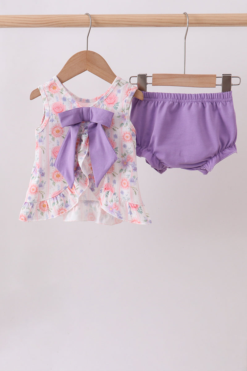 Purple rose bow smocked ruffle bloomer set - Aaria Tees Aaria Tees