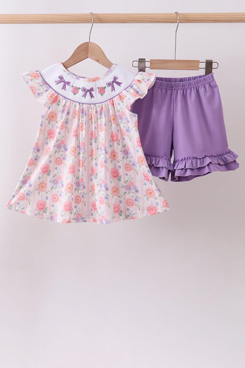 Purple rose bow smocked ruffle shorts set - Aaria Tees Aaria Tees