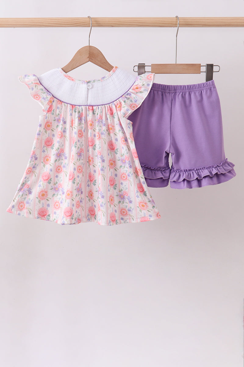Purple rose bow smocked ruffle shorts set - Aaria Tees Aaria Tees