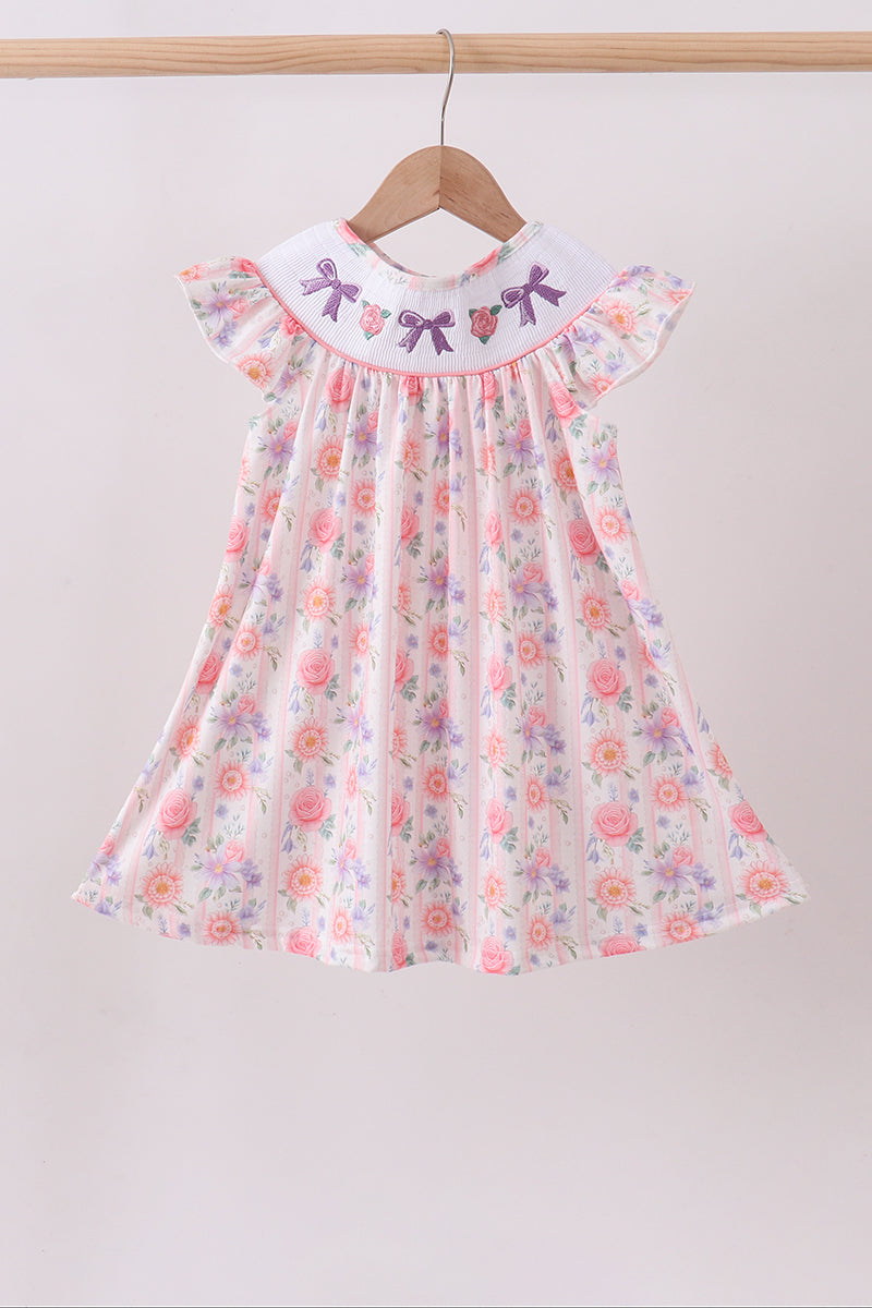 Purple rose bow smocked ruffle dress - Aaria Tees