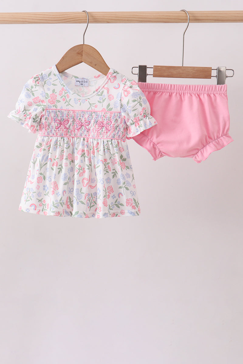 Pink floral bow smocked ruffle bloomer set - Aaria Tees