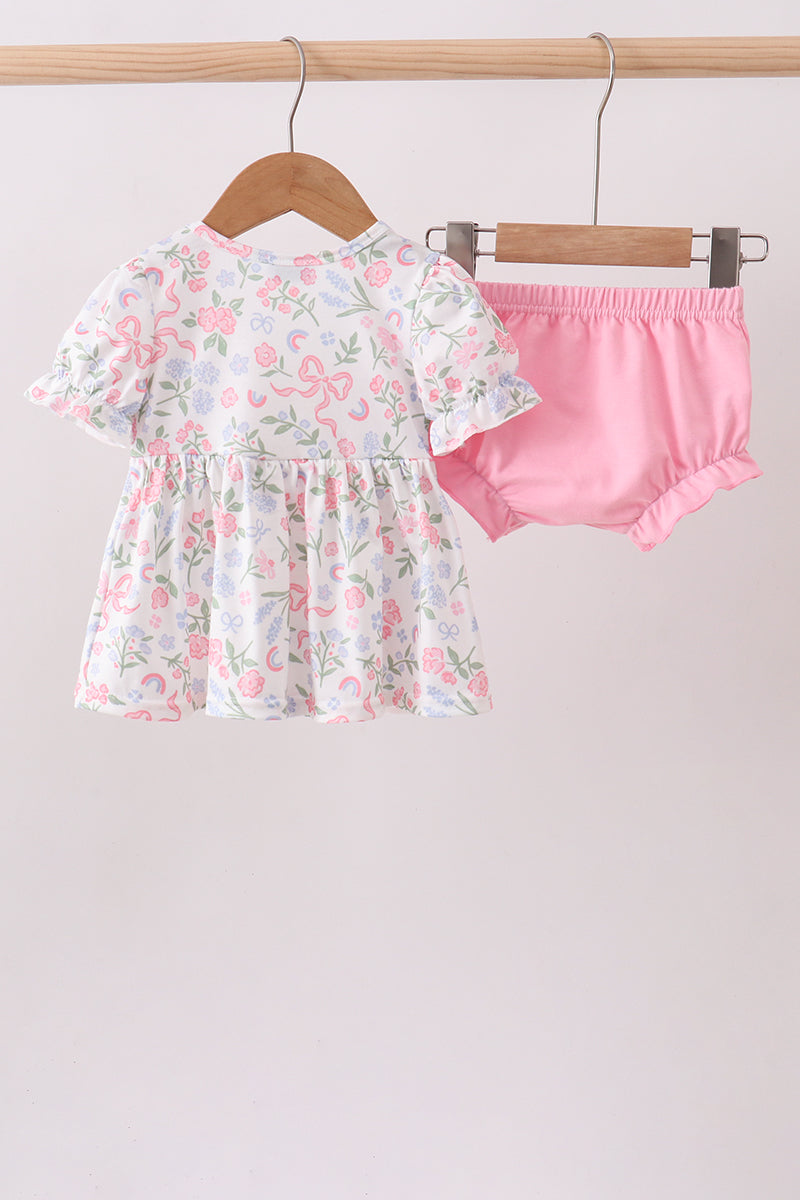 Pink floral bow smocked ruffle bloomer set - Aaria Tees Aaria Tees