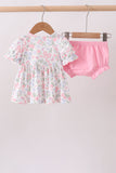 Pink floral bow smocked ruffle bloomer set - Aaria Tees Aaria Tees
