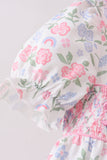 Pink floral bow smocked ruffle bloomer set - Aaria Tees Aaria Tees
