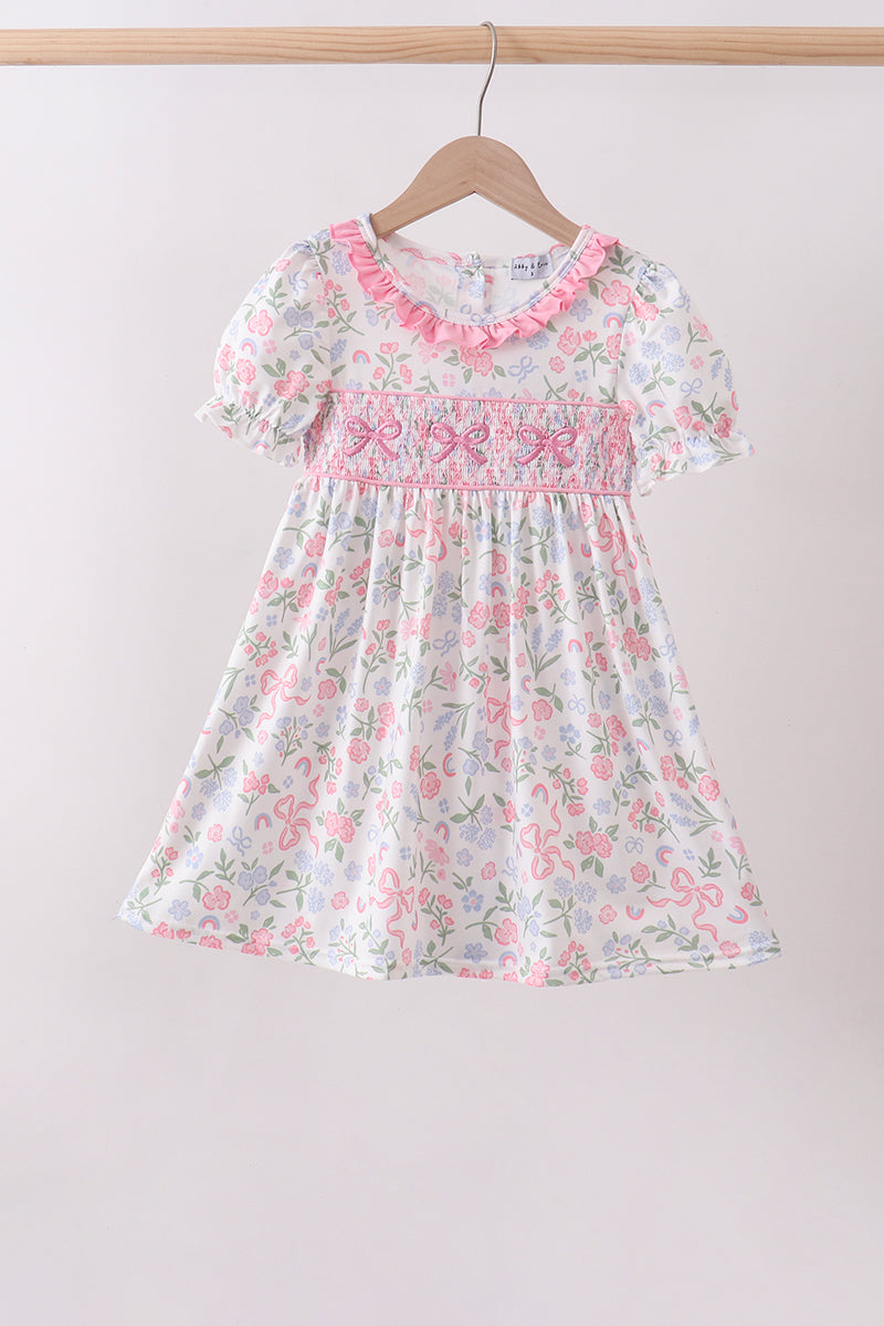 Pink floral bow smocked ruffle dress - Aaria Tees Aaria Tees