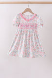 Pink floral bow smocked ruffle dress - Aaria Tees Aaria Tees