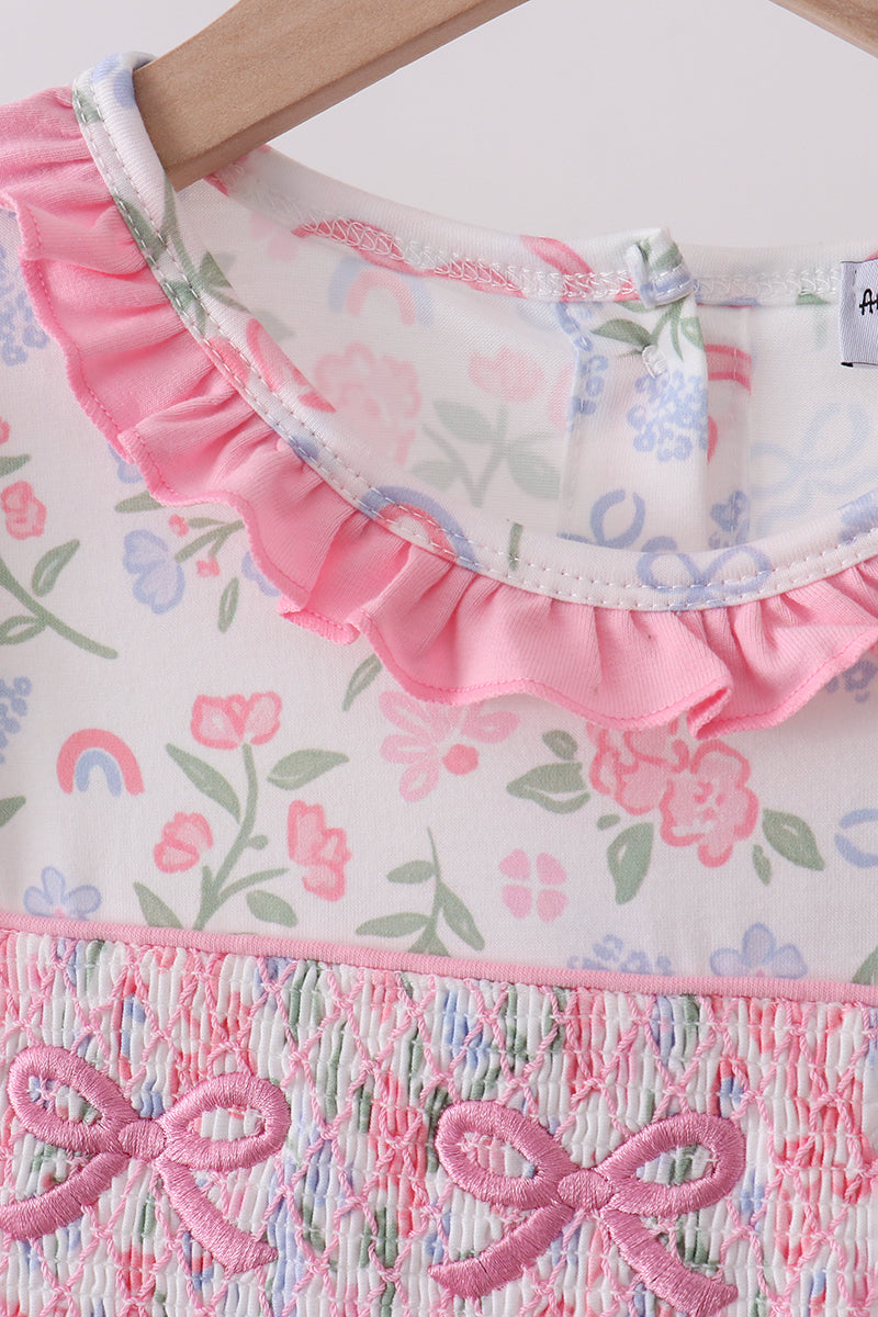 Pink floral bow smocked ruffle dress - Aaria Tees Aaria Tees