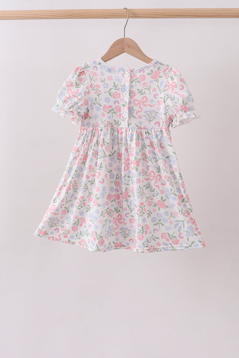 Pink floral bow smocked ruffle dress - Aaria Tees Aaria Tees