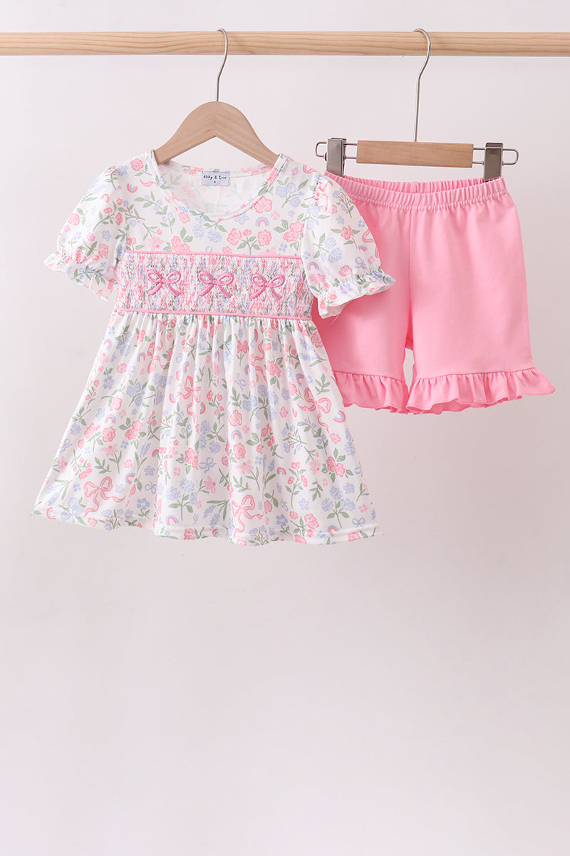 Pink floral bow smocked ruffle shorts set - Aaria Tees