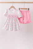 Pink floral bow smocked ruffle shorts set - Aaria Tees Aaria Tees