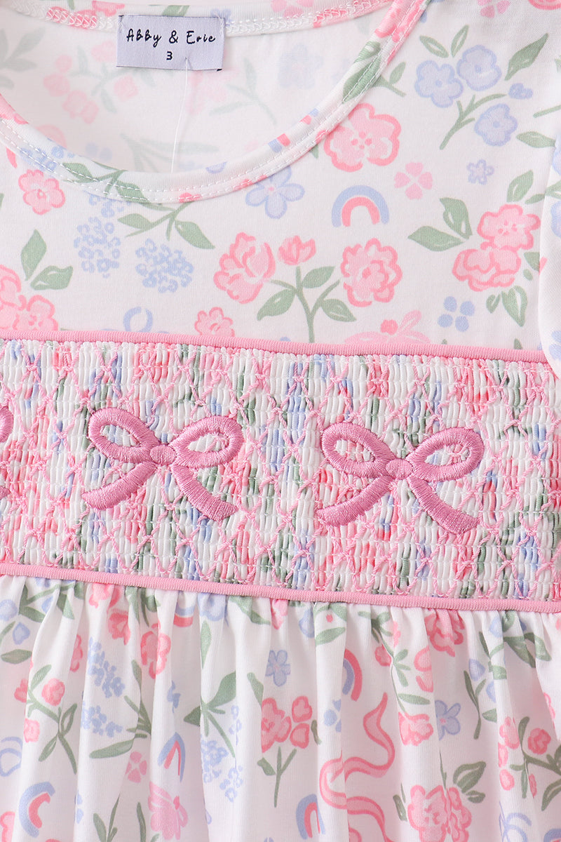 Pink floral bow smocked ruffle shorts set - Aaria Tees Aaria Tees