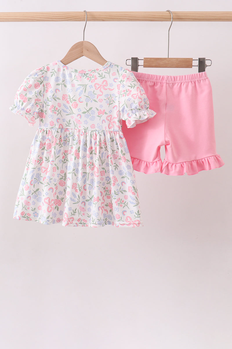 Pink floral bow smocked ruffle shorts set - Aaria Tees Aaria Tees