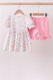 Pink floral bow smocked ruffle shorts set - Aaria Tees Aaria Tees