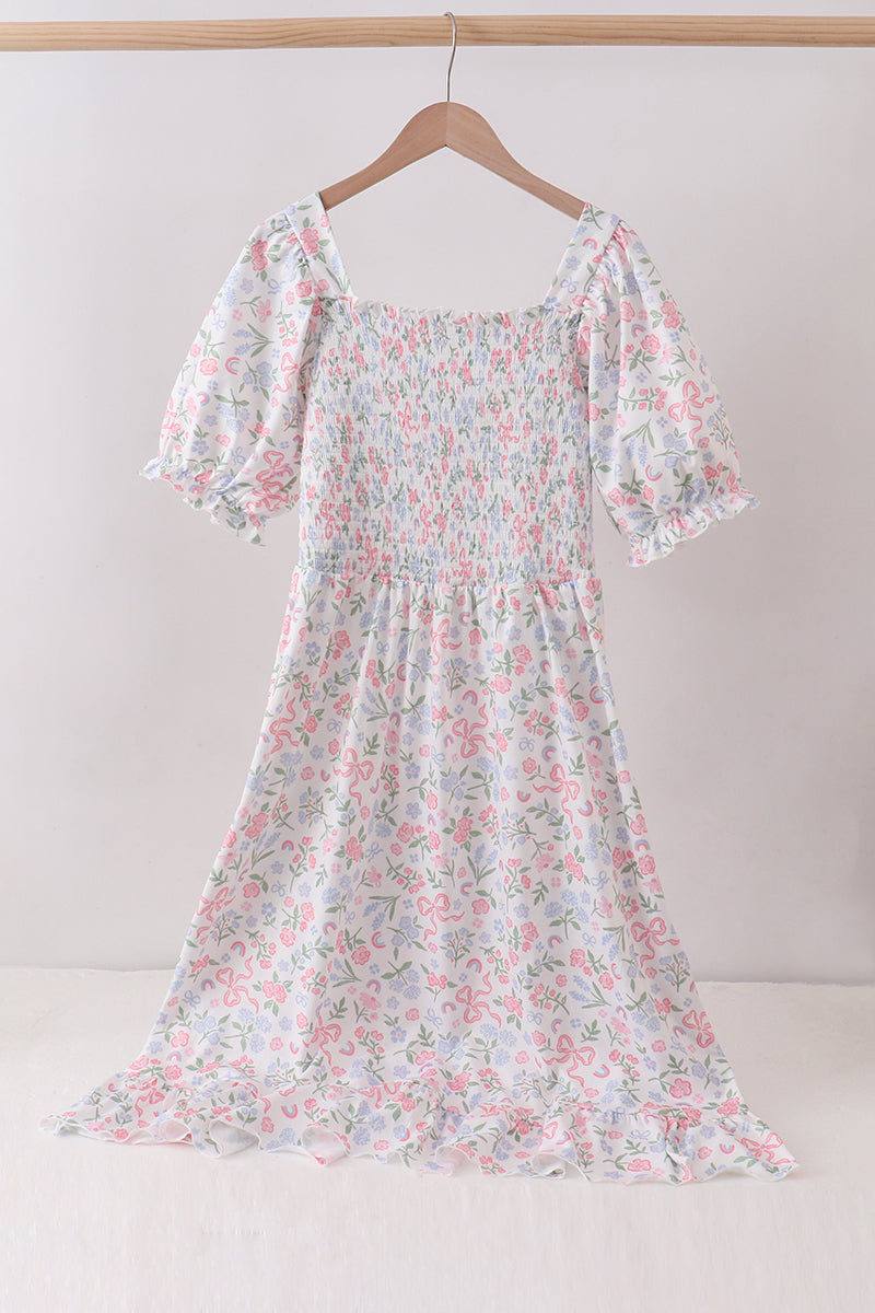 Pink floral smocked mom dress - Aaria Tees Aaria Tees