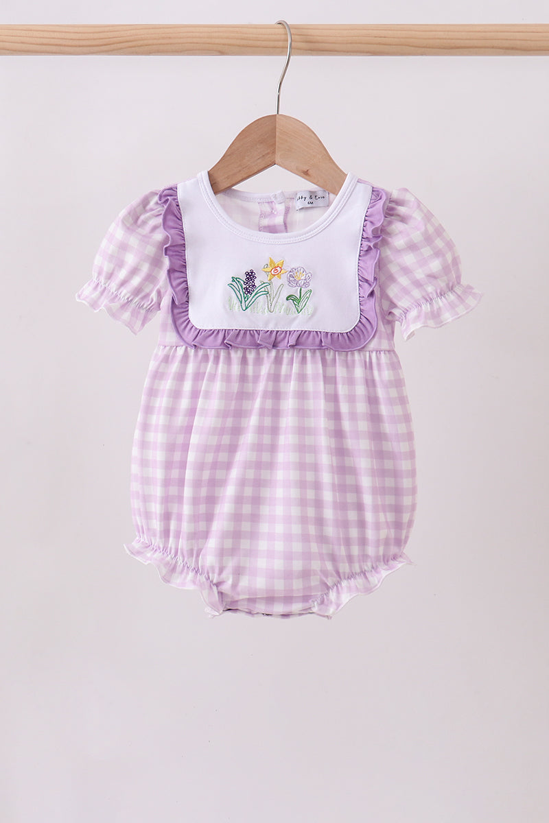 Purple floral embroidery gingham ruffle bubble - Aaria Tees